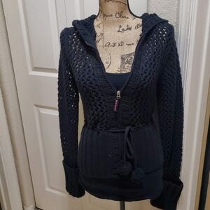 DKNY Jeans Black Zip-Up Hooded Cable-Knit Cardigan.